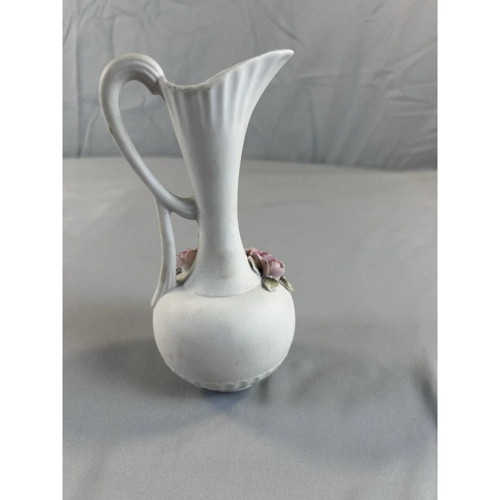 Vintage Porcelain Pitcher Vase Pink‎ Roses Floral Ewer White Ceramic 7